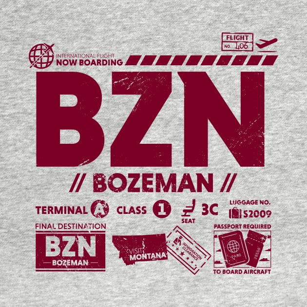 Vintage Bozeman BZN Airport Code Travel Day Retro Travel Tag Montana by Now Boarding